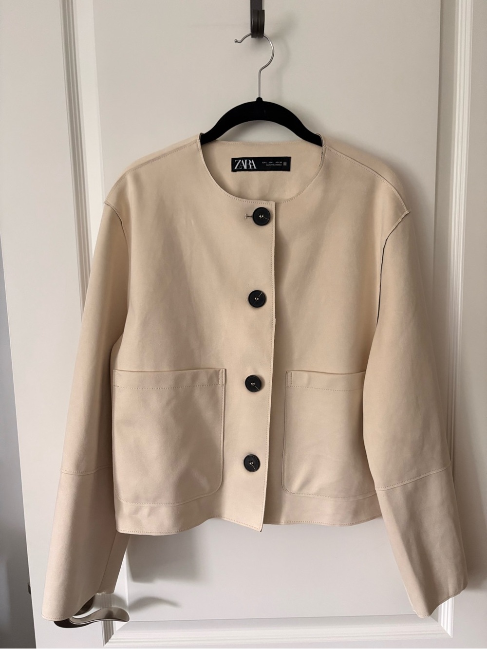 ZARA Cream Collarless Button Blazer with Black Buttons